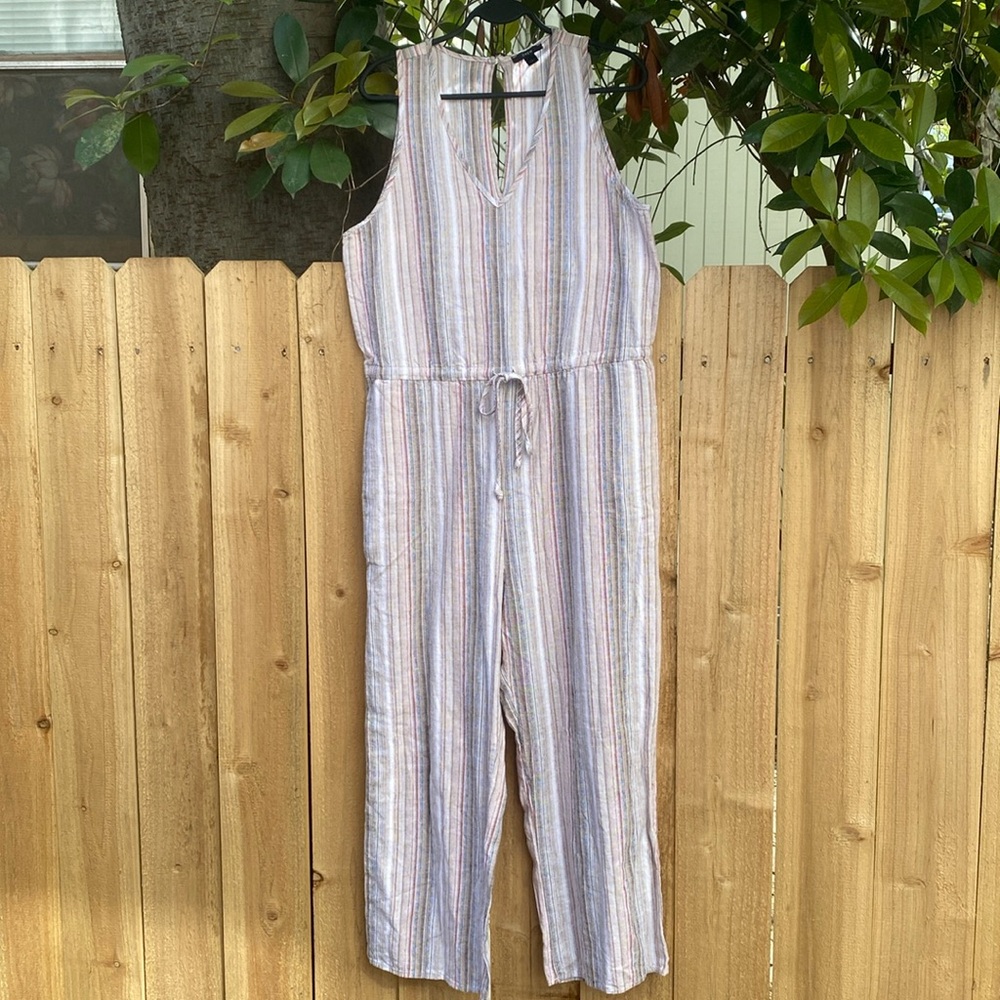 Anthropologie Drew Linen Blend Striped Jumpsuit Sz Large Red Tan Grey Sleeveless